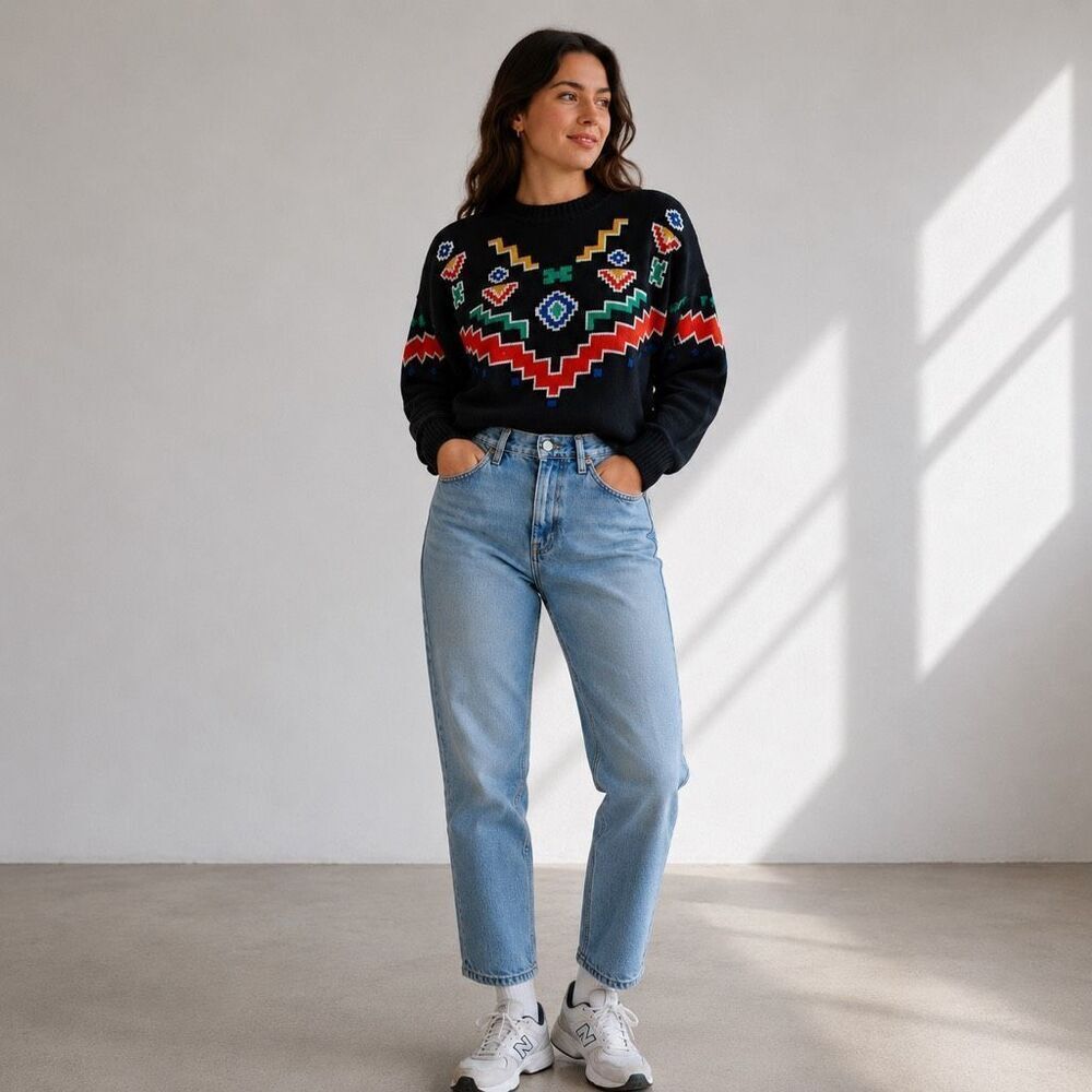 Vintage Head Womens Allover Print Crew Neck Long Sleeve Pullover Sweater Medium